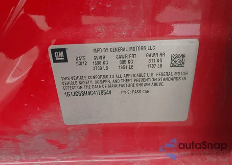 2012 Chevrolet Sonic 2Lt z USA, uszkodzony, nr VIN 1G1JC5SH4C4178544